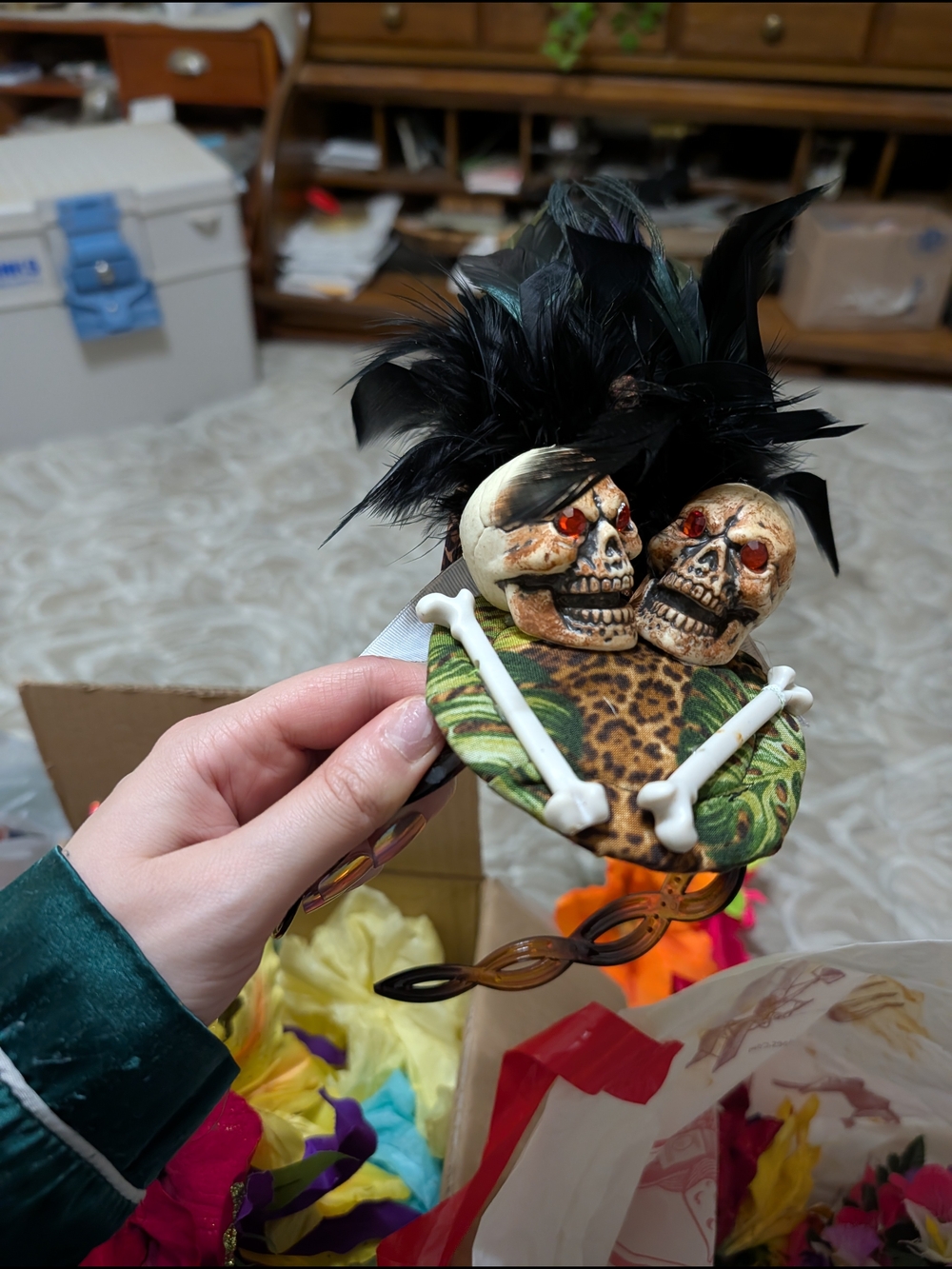 Skull & Feather Hair Clip in Black and Green